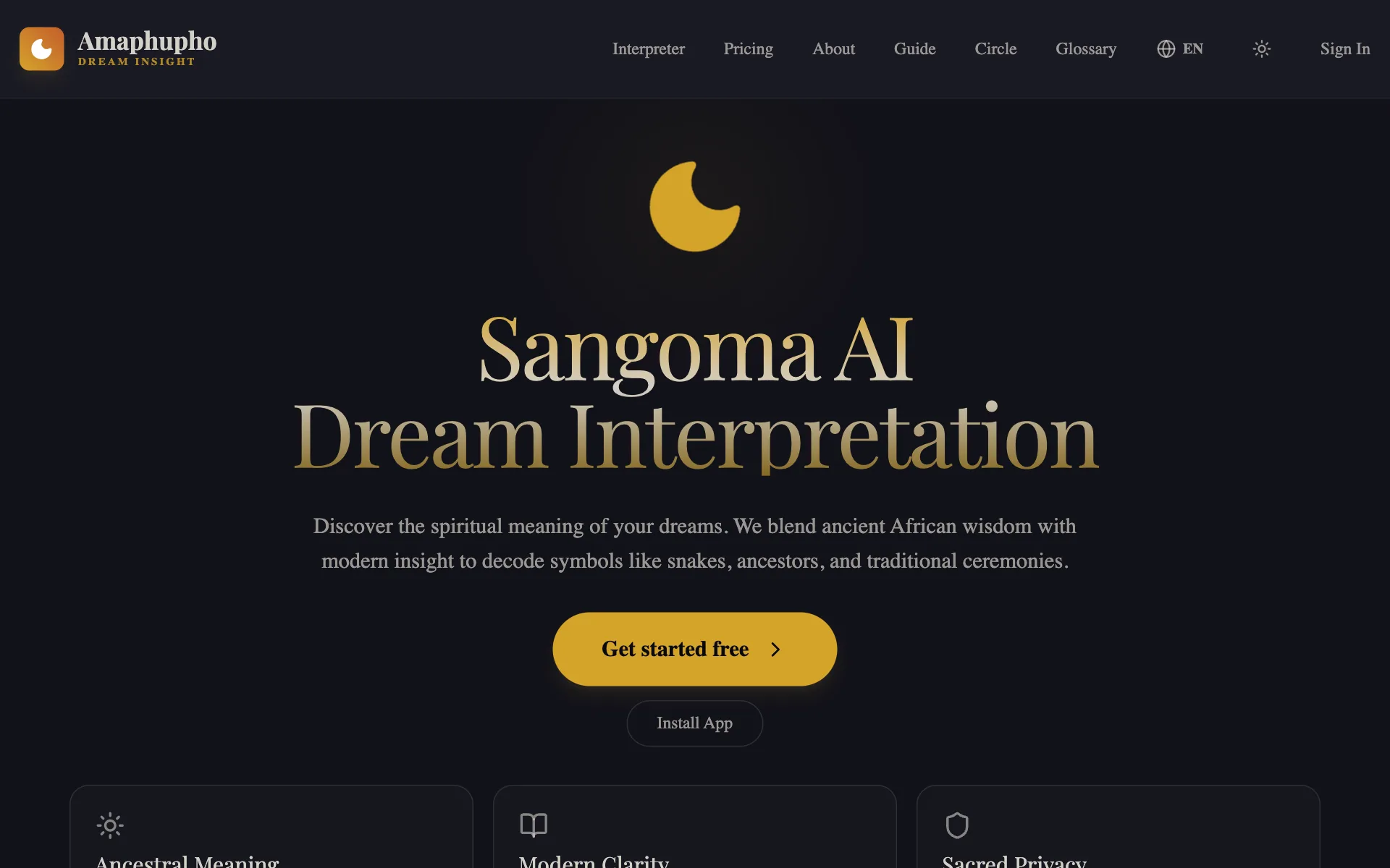 Amaphupho home screen, Sangoma AI dream interpretation